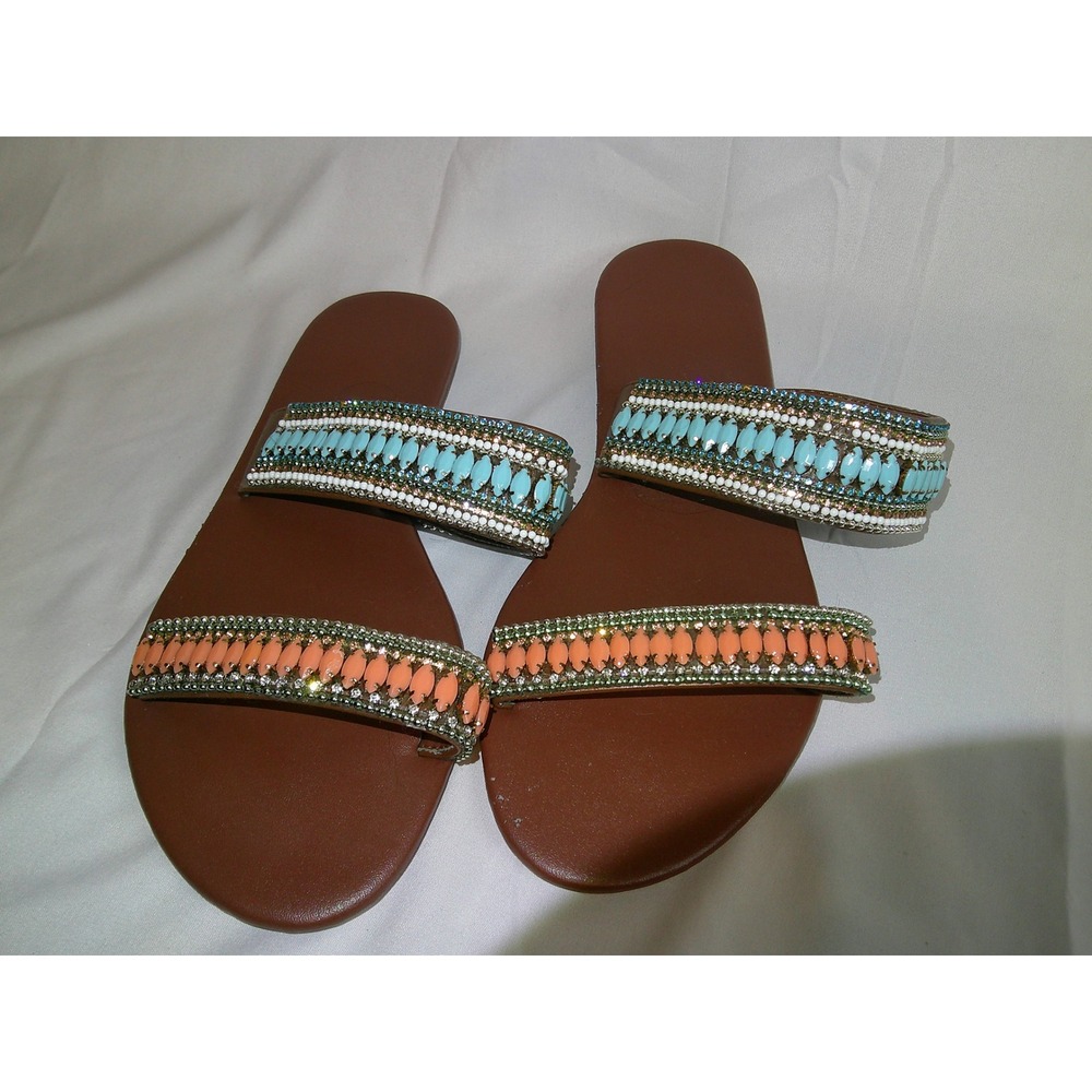 Beaded Slide Sandals Turquoise Orange Straps Flats Shoes Women's Size 8‎